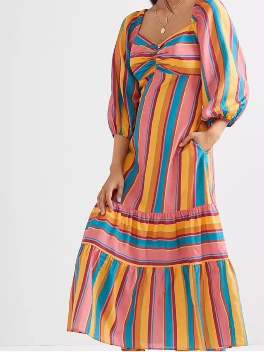 FARM Rio Anthropologie Rainbow Stripe Midi Dress Medium Petite NWT! - Picture 3 of 8